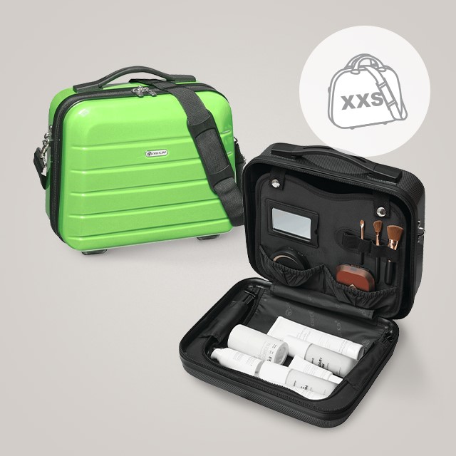 Leuchtend grünes Beautycase in von CHECK.IN links, rechts schwarzes Beautycase geöffnet mit Kosmetik - Icon Größe XXS