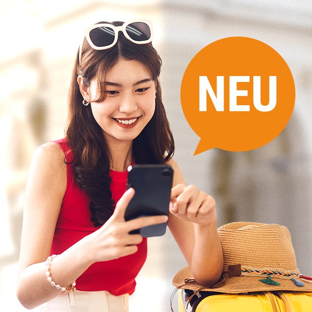 Frau mit Handy in der Handy und Reisegepäck, Icon neu