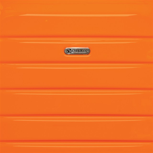 Zoom auf Oberflächenmaterial eines orangenen London Beautycases aus ABS und Polycabonat
